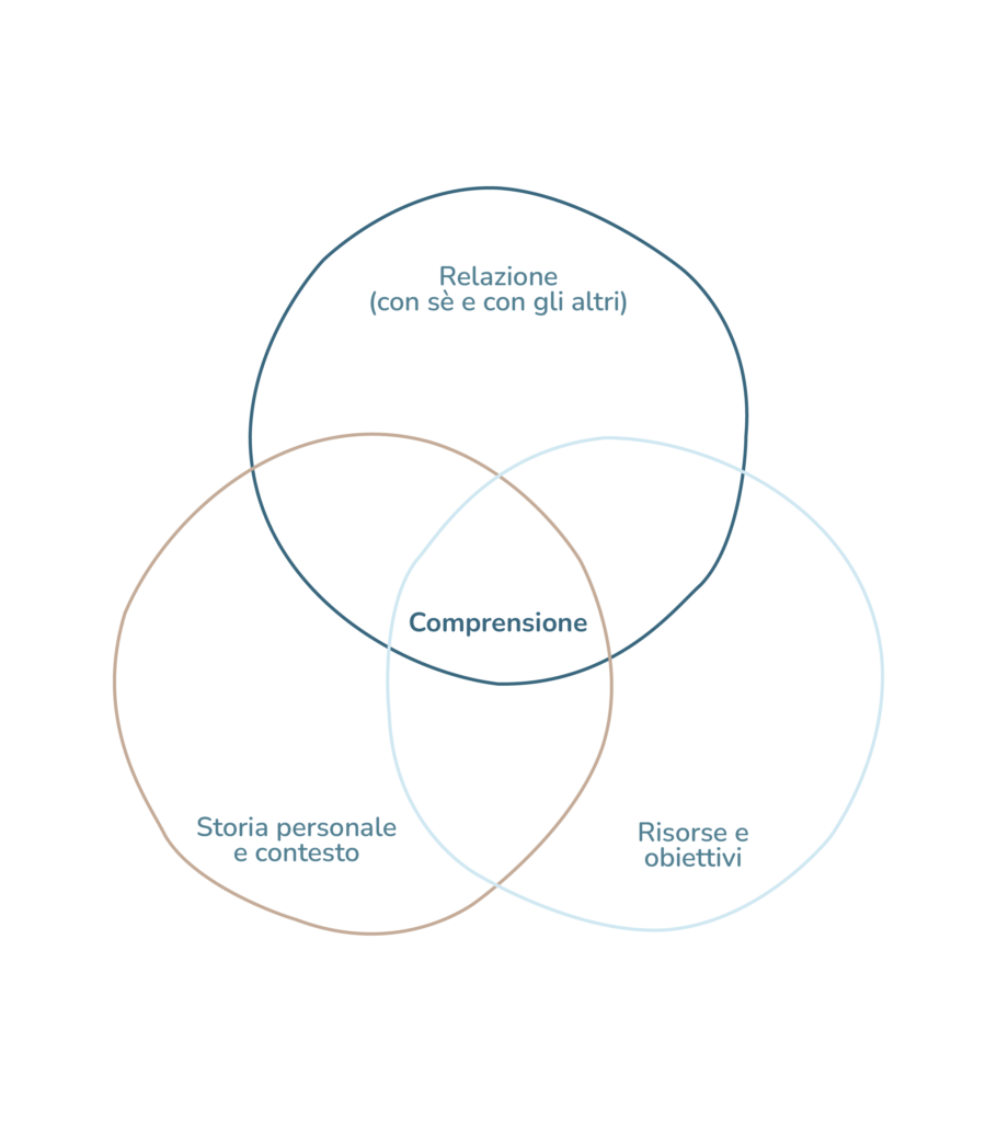 Diagramma a tre cerchi su relazione, storia personale e risorse: al centro la comprensione.